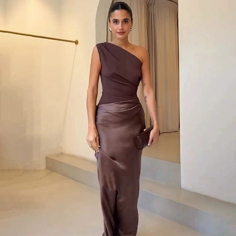 2025 One-shoulder Satin Sexy Sleeveless Maxi Dress Women Fashion Patchwork Slim Dress Female Elegant Evening Party Robes 260422BJ - view 4