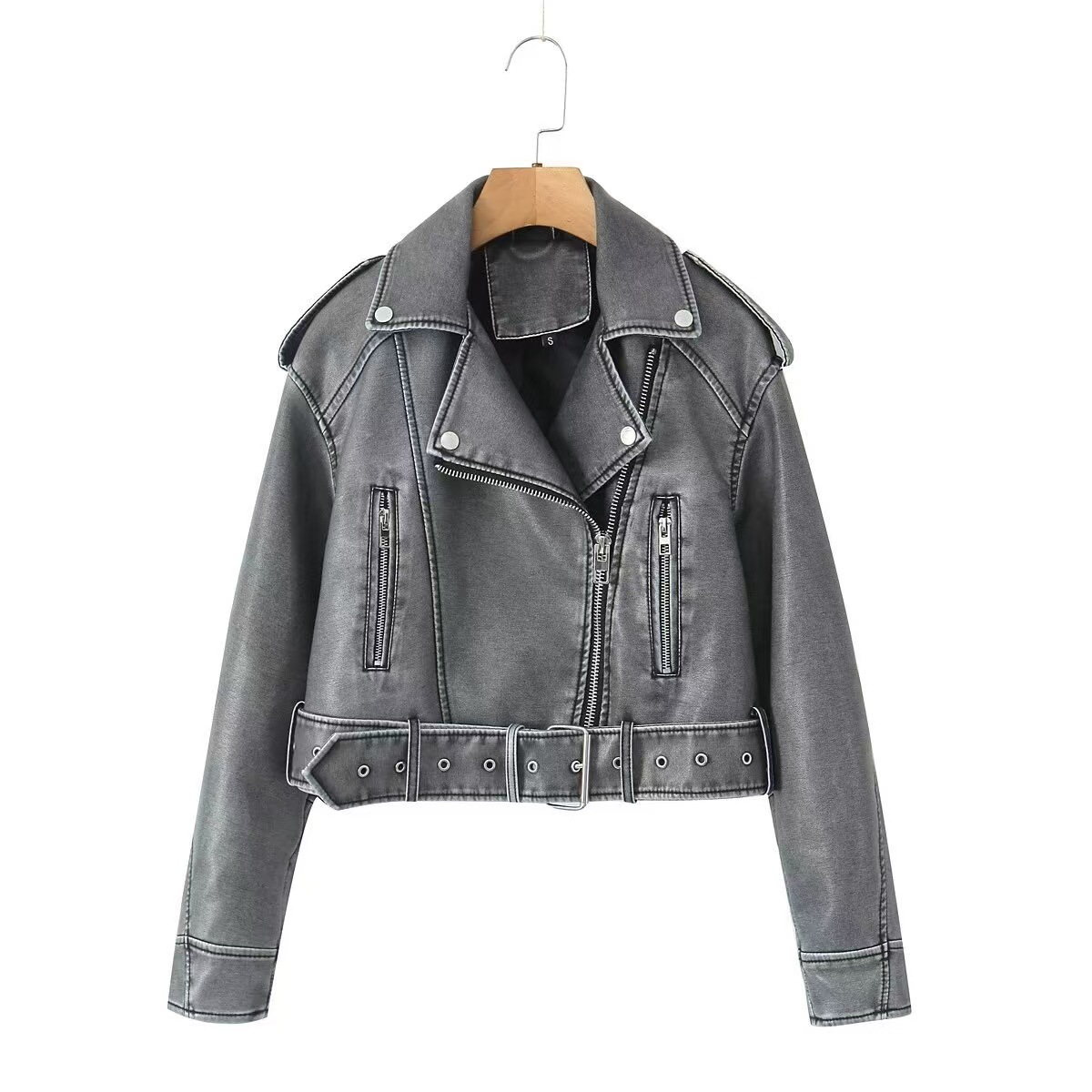 2026New Coal graysty le Women's washed leather jacket with belt, short coat with downgraded zipper and vintage lapel jacket