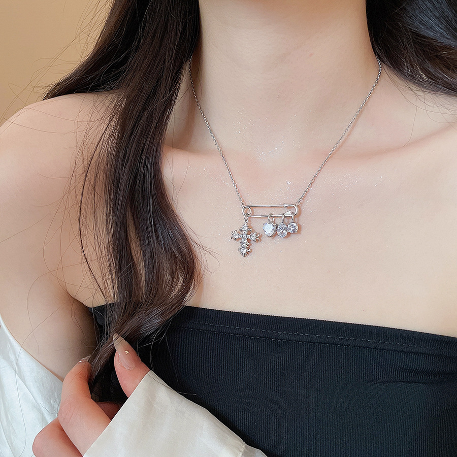 Sweet and Cool Girl's Pin Necklace with Full Diamond Heart Cross Pendant, Women's Niche Light Luxury High-End Neck Sweater Chain Accessory - view 7