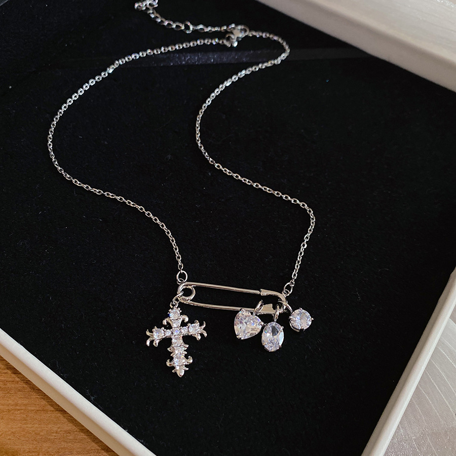 Sweet and Cool Girl's Pin Necklace with Full Diamond Heart Cross Pendant, Women's Niche Light Luxury High-End Neck Sweater Chain Accessory - view 6