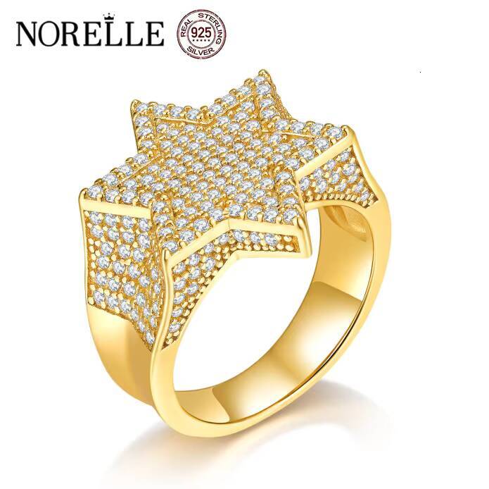 European American Style 18K Gold Plated Moissanite Six-Pointed Star Ring Womens Hip Hop Daily Wear Ring for Men