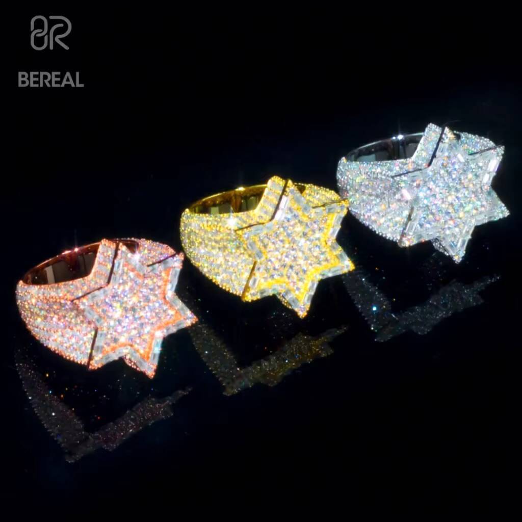 Fast Shipping Moissanite Six-Pointed Star Hip Hop Ring Pass Diamond Test Baguette Cut Moissanite 925 Silver Fine Rings Jewelry