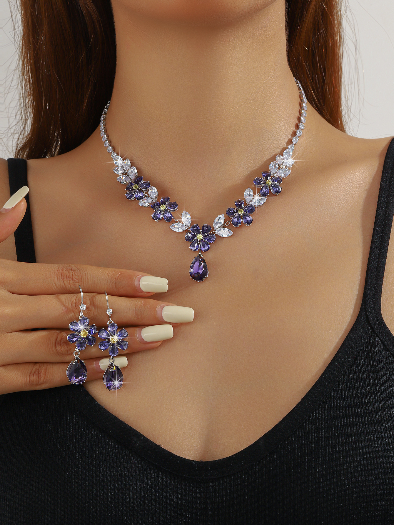 Royal Blue Crystal Bridal Jewelry Sets Rhinestone Statement Choker Necklace Earrings Women Wedding Jewelry Sets 260127