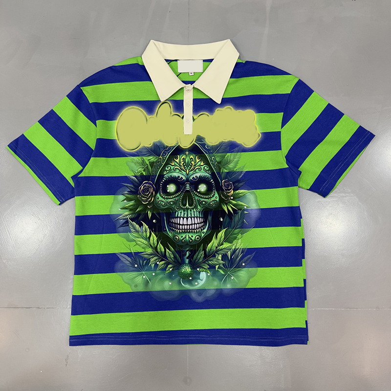 Europe Stripe Skull Short Sleeve Polo T Shirt Casual Hip Hop Zipper Tee For Men Women 26ss 0422