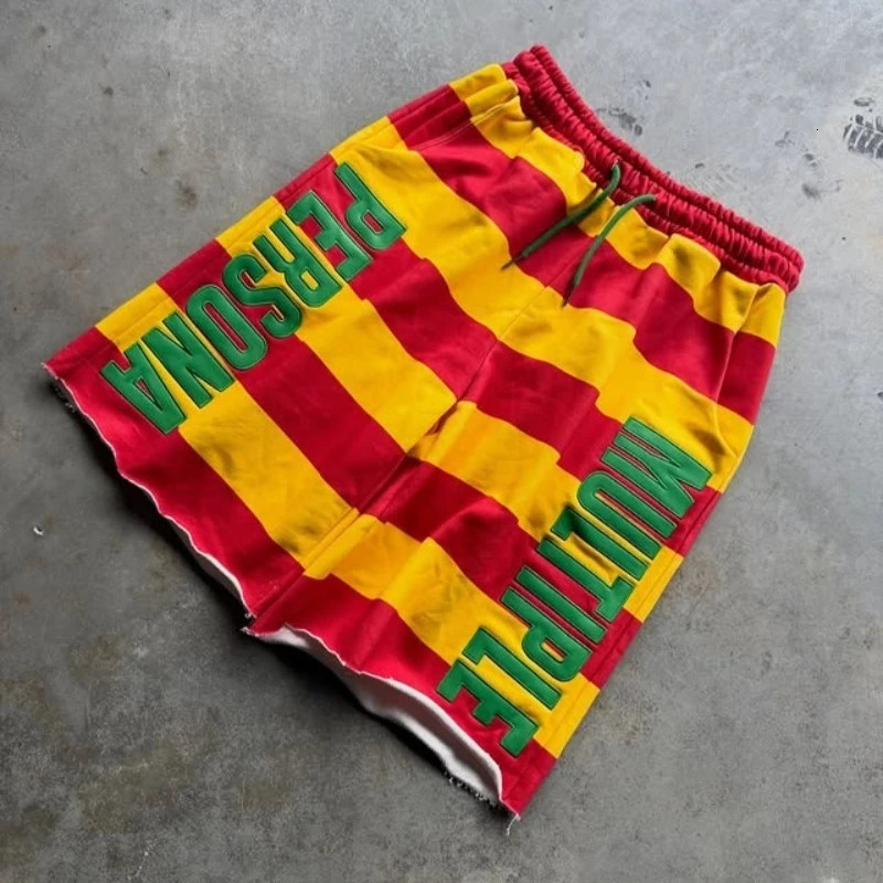 American Drawstring Stripe Knit Capris Shorts, Men's Y2K Casual Vacation Sweatpants Shorts