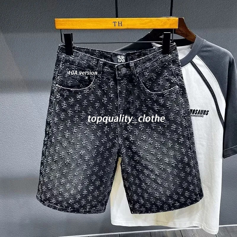 loub Brand Designer Clothes Summer American-Style Casual Retro Distressed Ripped Denim lvs Shorts For Men, Straight Cut, Loose Fit, High Street Versatile 7b6
