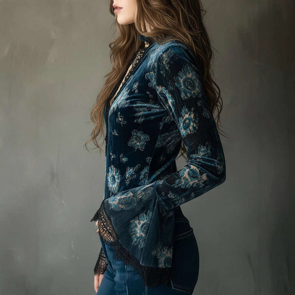Elegant Velvet Pullover Top Women Lace Splicing V Neck Long Sleeve Bell Cuffs Fashion Casual Blouse MAKOUFEI