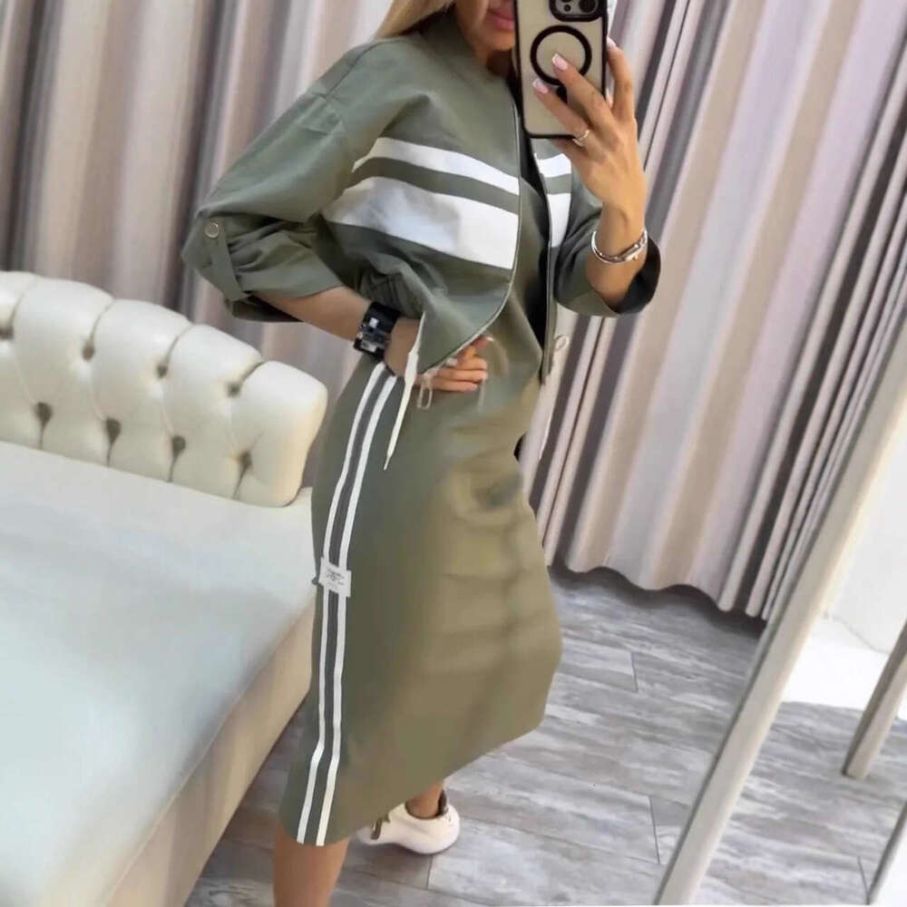 2026 Autumn Winter Women 2 Piece Outfits Bodycon Midi Dress Zipper Jacket Coat White Striped Slim Fit Streetwear MAKOUFEI