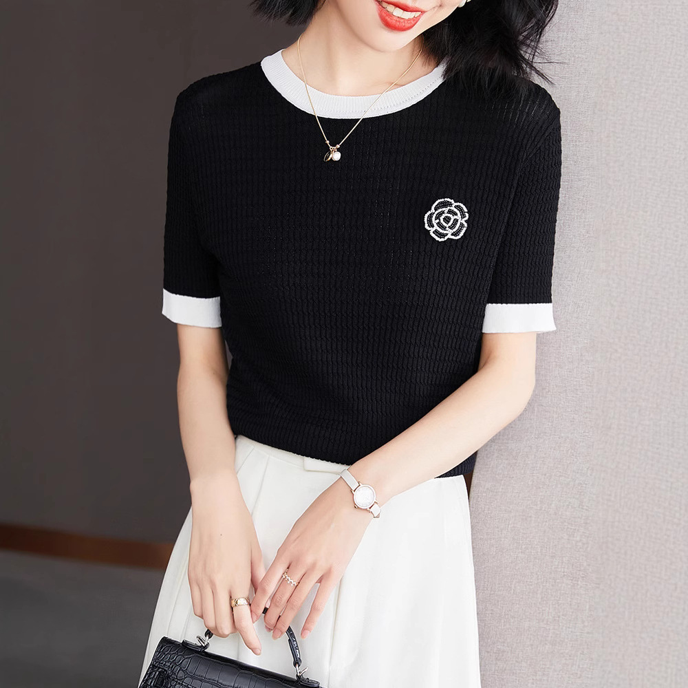 2026 New Designer Women's Luxury Brand Knitted T-shirt High Neck Thin Ice Silk Breathable Fashion Leisure Versatile Outdoor Sports Short Sleeve W