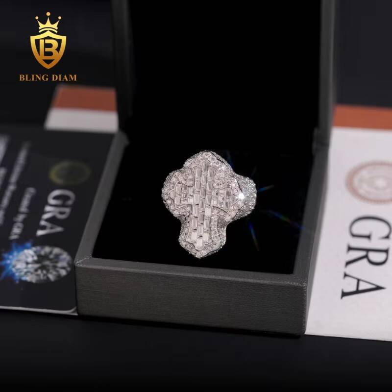 USA Local Stock Hip-Hop Jewelry 925 Sterling Silver Vvs Moissanite Gra Certifficate Iced Out Jesus Cross Rings for Mens