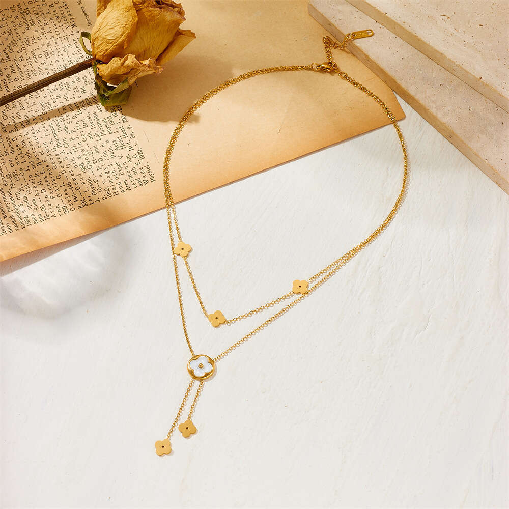 New Fashionable Clover Necklace, Versatile Exquisite, Double-Layer Titanium Steel, Non-Fading, Simple And Light Luxury Ins-Style Collarbone Chain