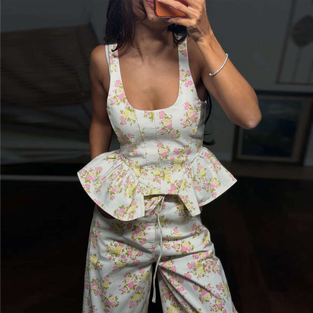 2026 New Spring Women Sweet Ruffled Floral Pants Set Sleeveless High Waist Slim Fit 2 Piece Outfits European American Casual Wear MAKOUFEI