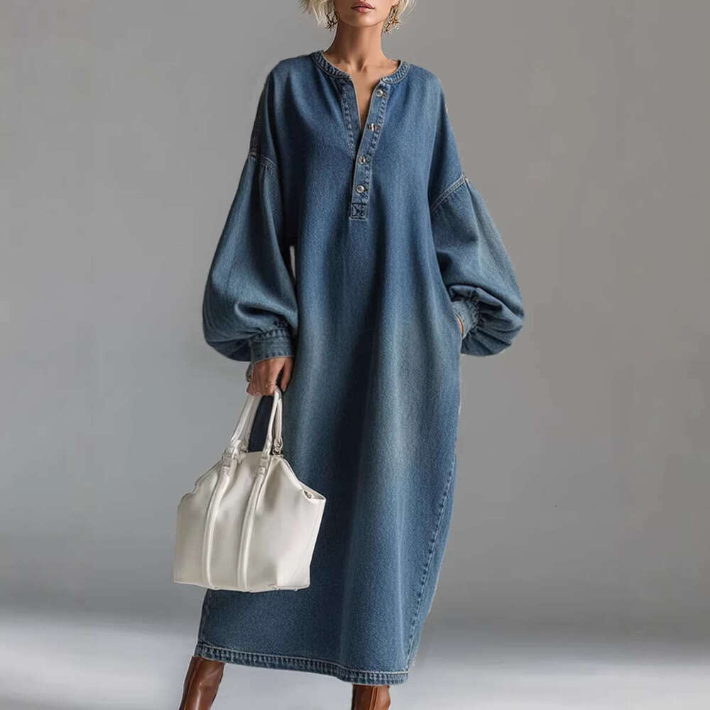 2026 Spring Women Vintage Washed Denim Midi Dress Polo Stand Collar Casual Plus Size Slim Party Dresses MAKOUFEI