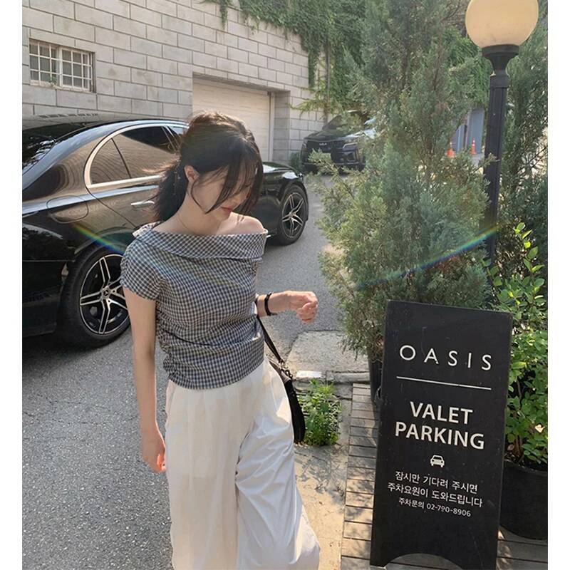 Vintage Plaid Shirts Women Harajuku Aesthetic Sexy Skew Collar Blouses Summer Ladies Korean Ruffles Patchwork Casual Design Tops dongdumaoyi