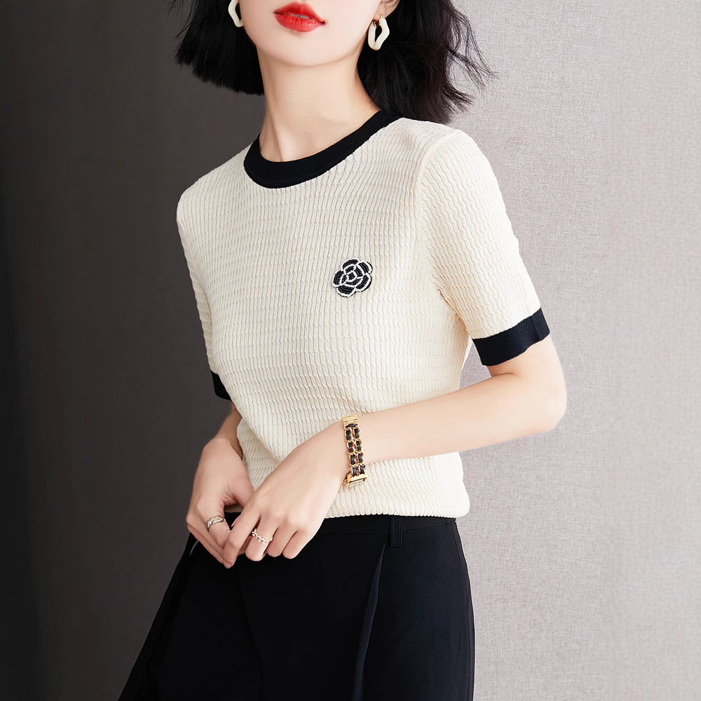 2026 New Designer Women's Luxury Brand Knitted T-shirt High Neck Thin Ice Silk Breathable Fashion Leisure Versatile Outdoor Sports Short Sleeve W