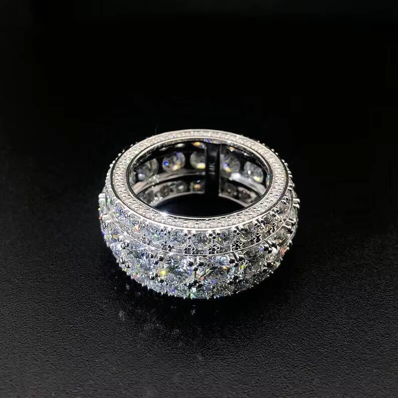 Pass Diamond Test 925 Sterling Silver with Moissanite Diamond Mens Ring Hip Hop Jewelry Rapper Moissanite Band Ring