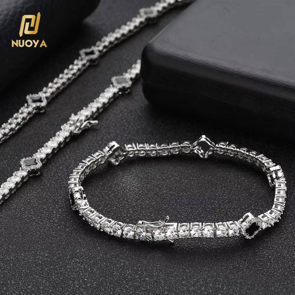 NUOYA Luxury Hip Hop Tennis Chain Bracelet Iced Out VVS Moissanite S925 Silver Four-Leaf Clover Tennis Chain Gift for Men Women