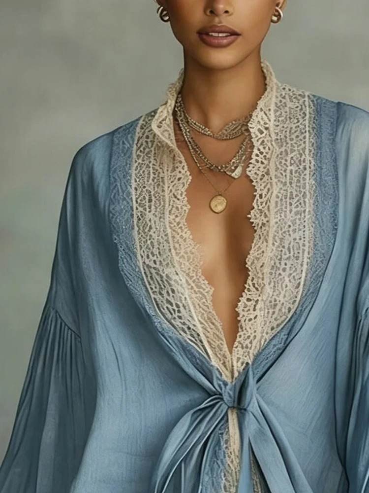 Blue Lace Trim Women Mini Dress V Neck Tie Waist Puff Sleeve Oversized Boho Elgant Loose Vintage Casual Cover Up Dress 260420