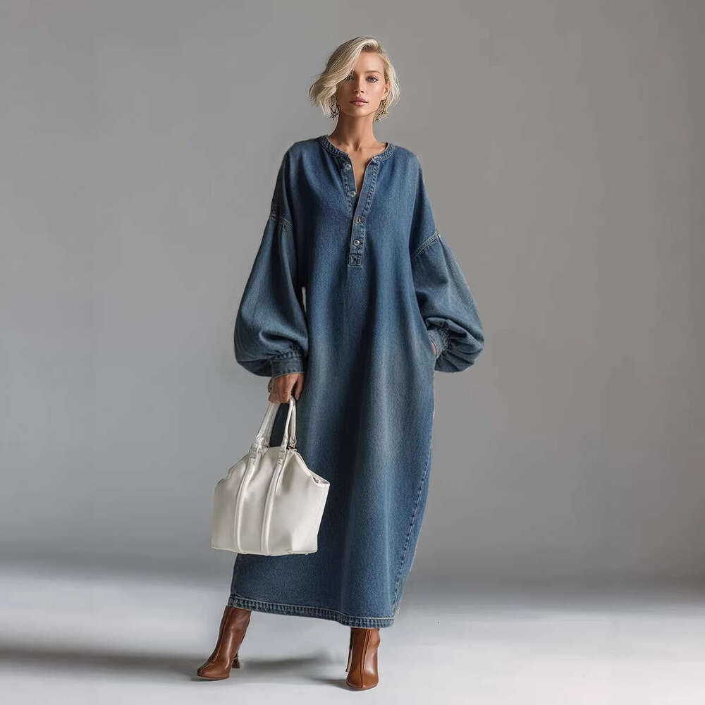 2026 Spring Women Vintage Washed Denim Midi Dress Polo Stand Collar Casual Plus Size Slim Party Dresses MAKOUFEI