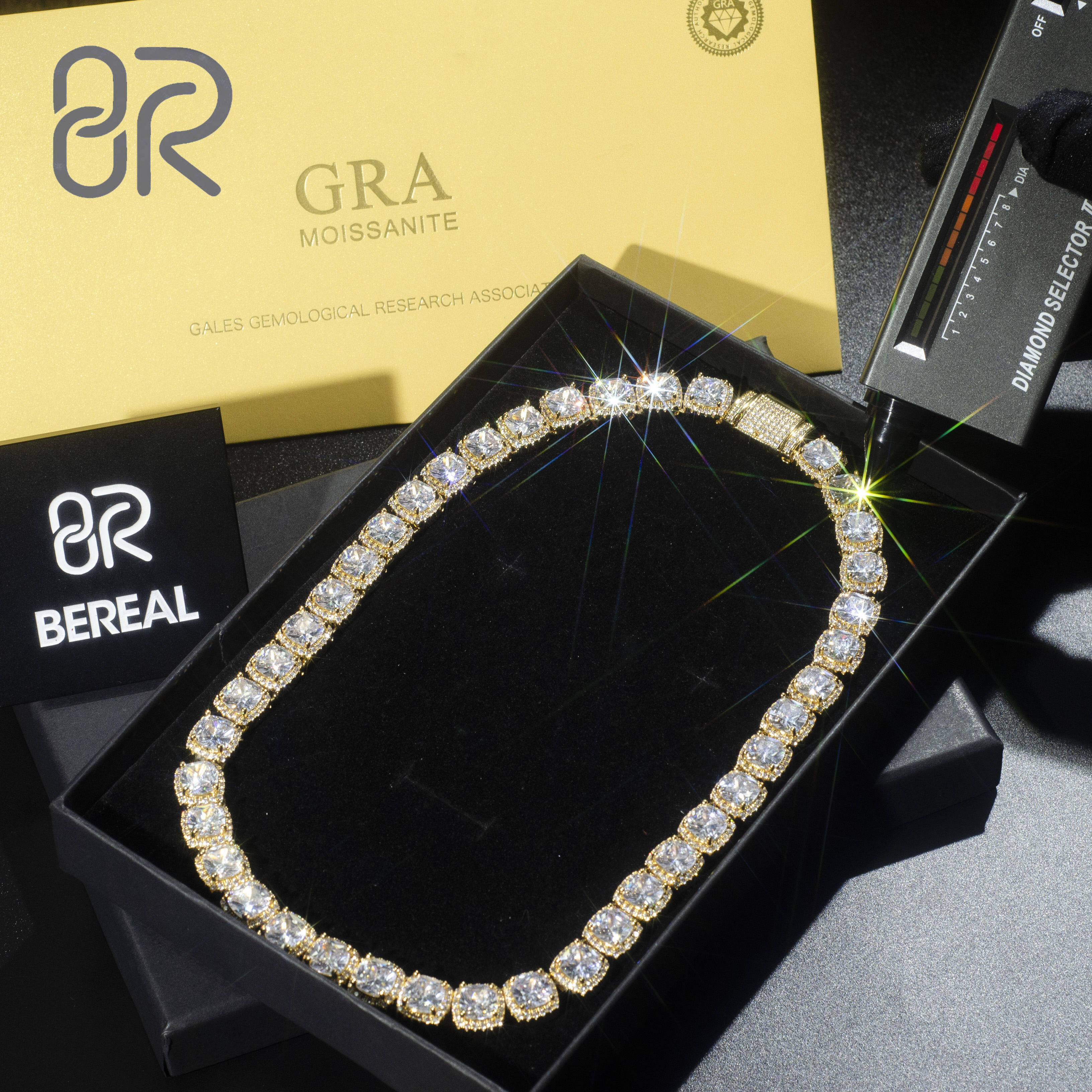 Hot Selling Gold Plated Vvs Moissanite Tennis Chain Necklace Pass Diamond Tester Baguette Cut 925 Silver Hip Hop Bracelet