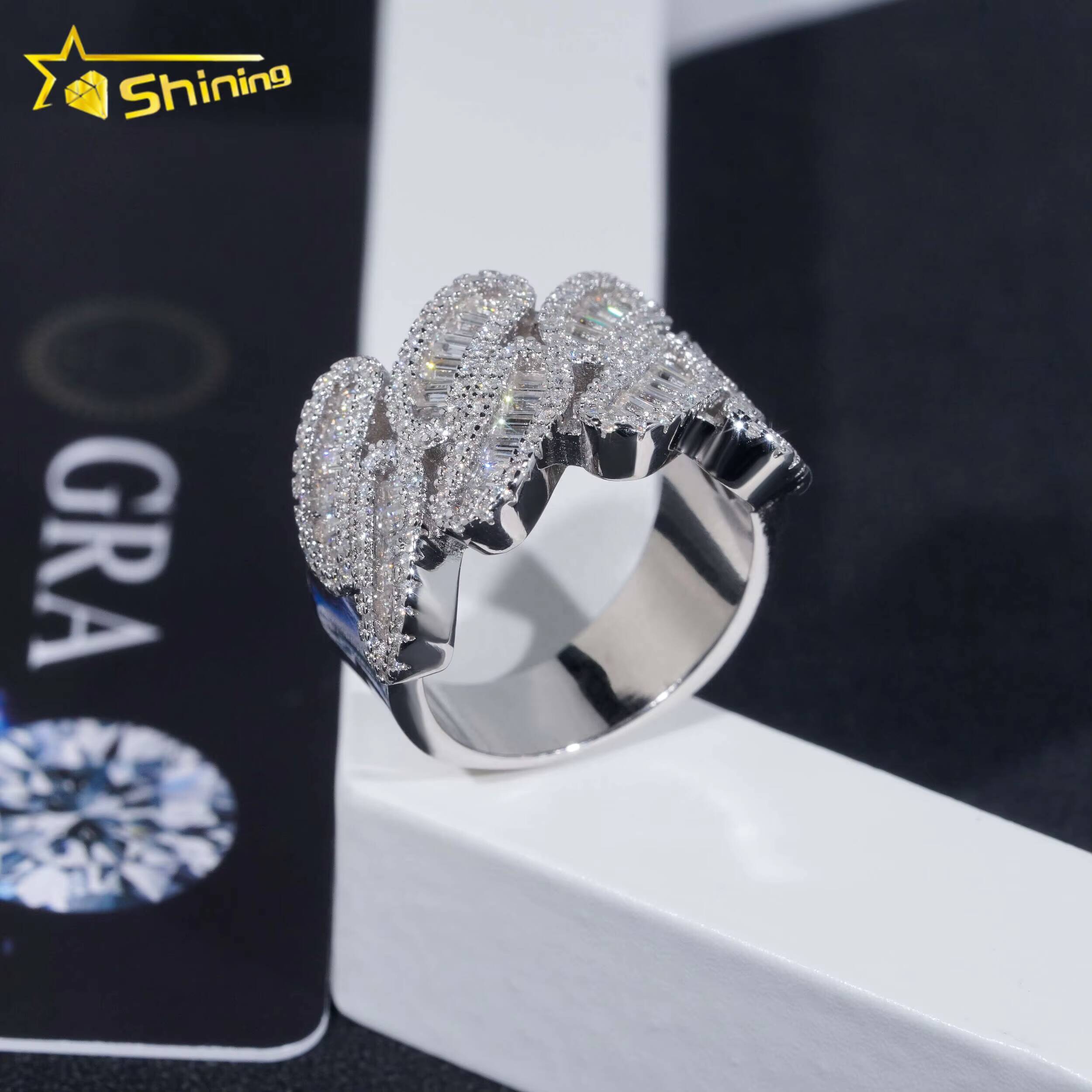 High Quality Iced Cuban Rings Baguette Diamond 925 Sterling Silver Hip Hop Moissanite Mens Ring