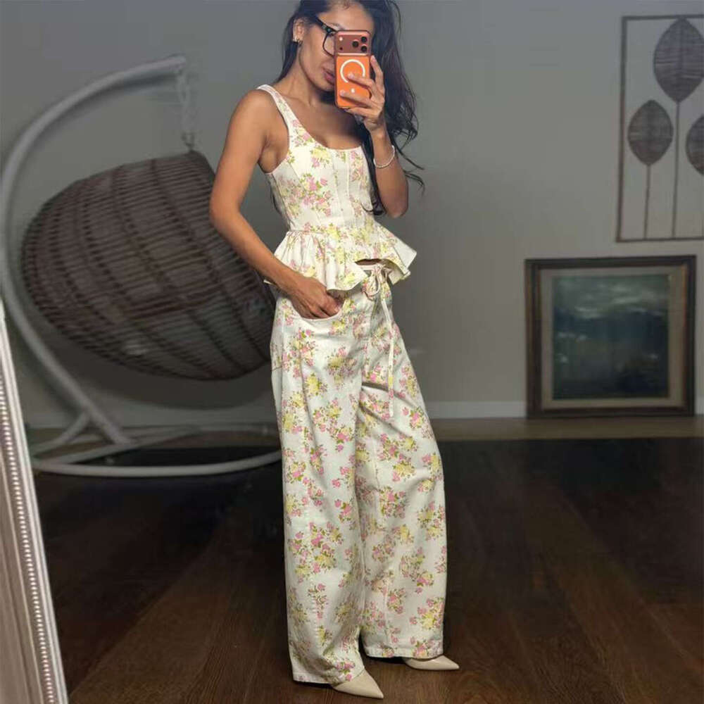 2026 New Spring Women Sweet Ruffled Floral Pants Set Sleeveless High Waist Slim Fit 2 Piece Outfits European American Casual Wear MAKOUFEI