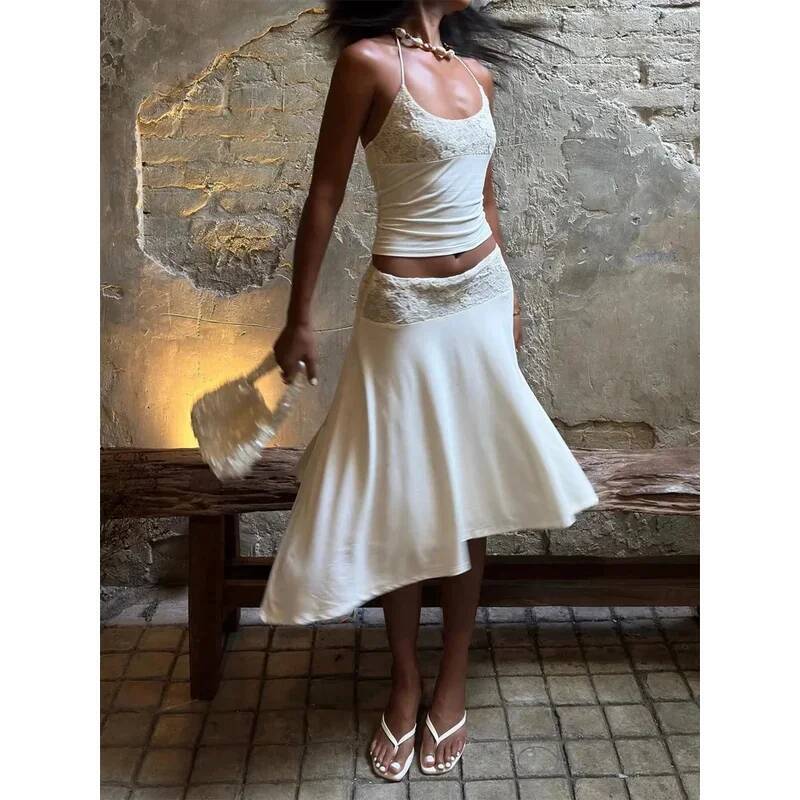 Sexy Lace Patchwork Sling Top Irregular Skirt Suit Women Cropped Halter Tops Pleated Skirts Set Lady Summer Holiday Outfit dongdumaoyi