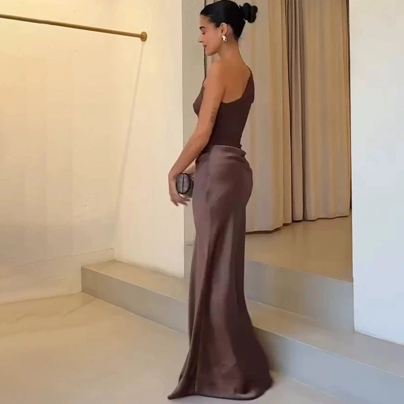 2025 One-shoulder Satin Sexy Sleeveless Maxi Dress Women Fashion Patchwork Slim Dress Female Elegant Evening Party Robes 260422BJ - view 6