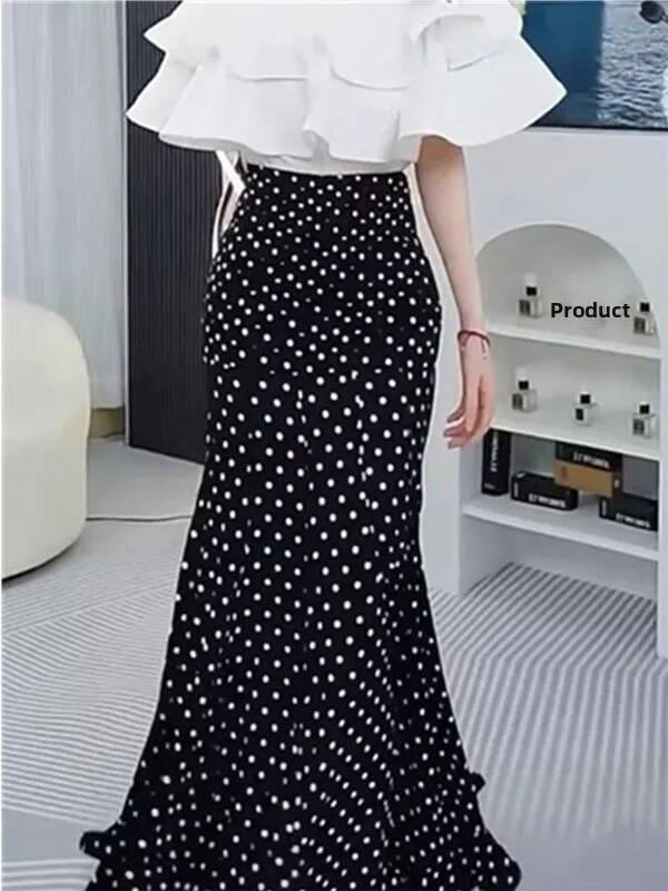 Elegant Black Polka Dot Fish Tail Women's Summer New Lightweight Luxury Style Half Draped Wrap around Skirt dongdumaoyi