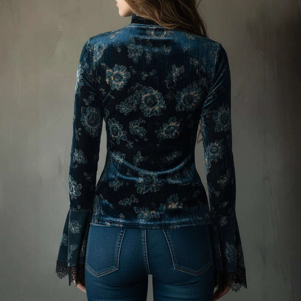 Elegant Velvet Pullover Top Women Lace Splicing V Neck Long Sleeve Bell Cuffs Fashion Casual Blouse MAKOUFEI