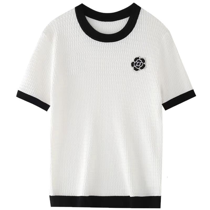 2026 New Designer Women's Luxury Brand Knitted T-shirt High Neck Thin Ice Silk Breathable Fashion Leisure Versatile Outdoor Sports Short Sleeve W