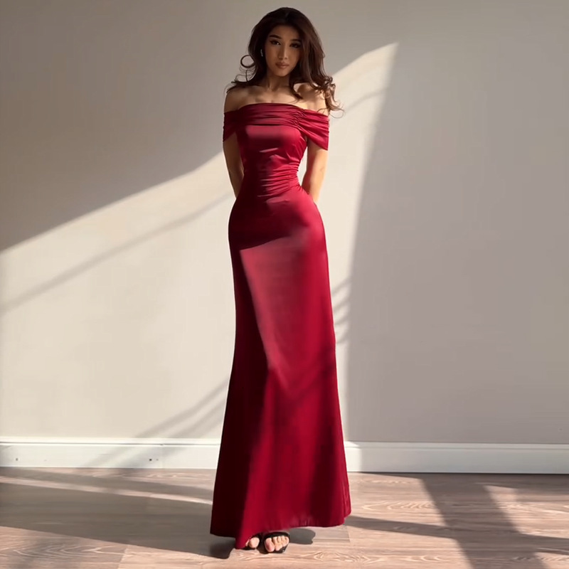 Ilya off-shoulder satin waist-cinching strap dress autumn elegant and sexy evening gown J 251014