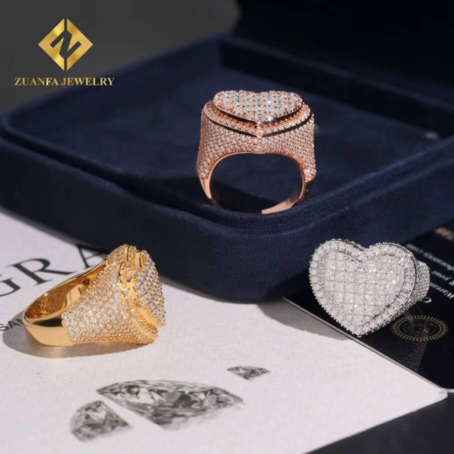 Hip Hop Fine Jewelry Iced Out Moissanite 925 Sterling Silver Full Moissanite Hearts With Shape Diamond Rings for Men