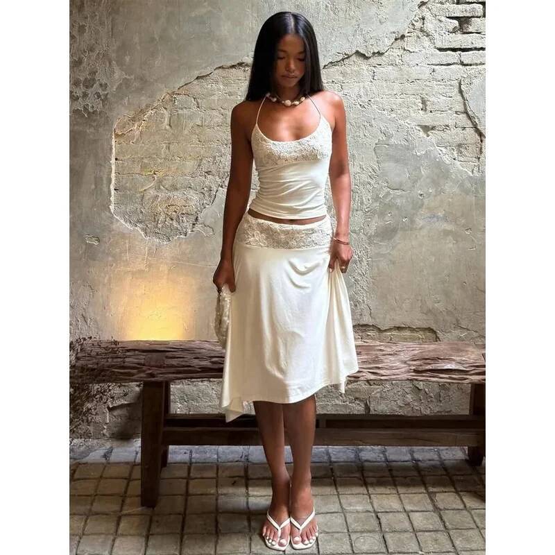 Sexy Lace Patchwork Sling Top Irregular Skirt Suit Women Cropped Halter Tops Pleated Skirts Set Lady Summer Holiday Outfit dongdumaoyi