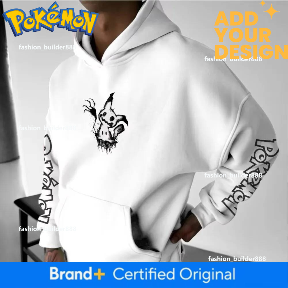 Mimikyu Graphic Print Oversized Cotton Blend Hoodie, Men's Long Sleeve Anime Hooded Sweatshirt, Casual Daily Outfit, O-Neck Pullover - view 3