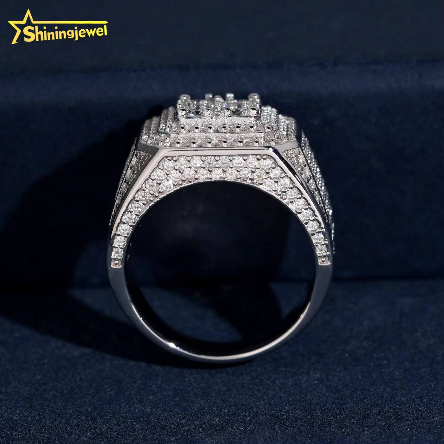 Affordable Square Front Top Ring Pass Diamond Tester Hip Hop Jewelry 925 Silver Fully Iced Round Diamond Moissanite Men Ring