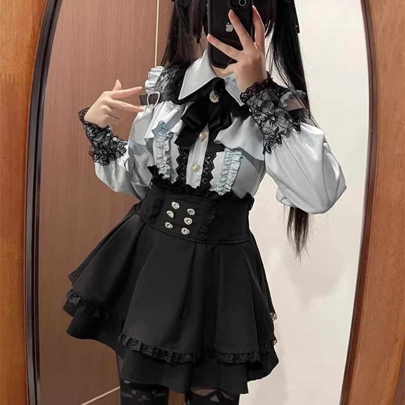 Jirai kei Shirt JK Skirt Japanese Style Lolita Y2K Sweet School Uniform Blouse Top Dress Darkness Outfit Women Girls Theme Party 260420
