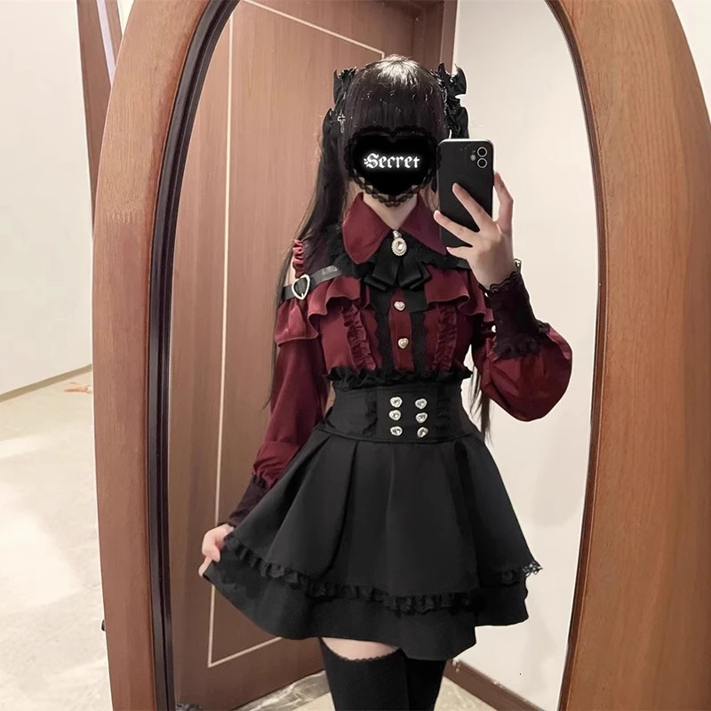 Jirai kei Shirt JK Skirt Japanese Style Lolita Y2K Sweet School Uniform Blouse Top Dress Darkness Outfit Women Girls Theme Party 260420