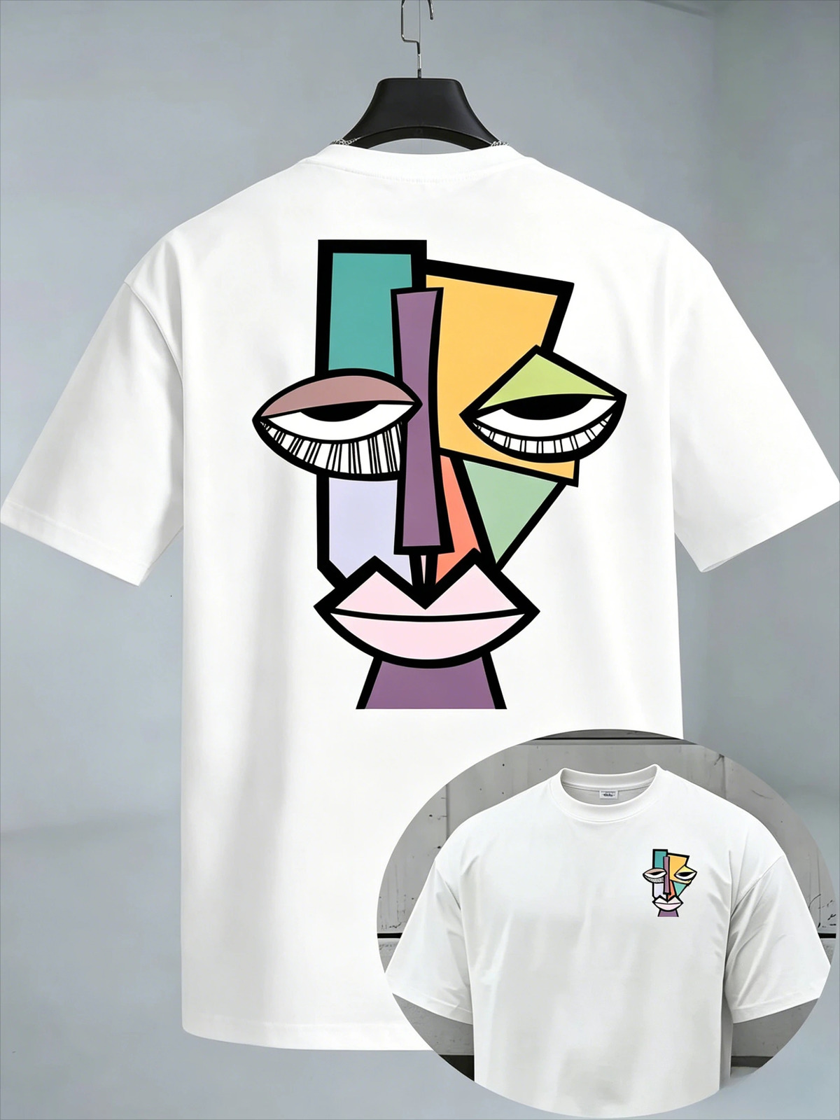 Abstract Geometric Face Graphic T Shirt for Men 100 Cotton Art Cubism Portrait Casual Short Sleeve Black 2026 260421 - view 3