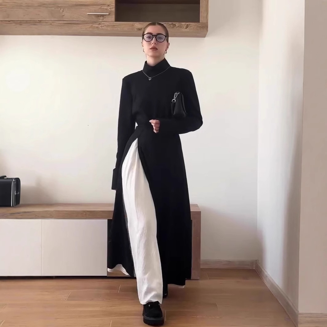 Women Fashion Plus Size Maxi Dress Asymmetrical Western Style Turtleneck Pullover Stretchy Black Oversize Long Dress D18102901