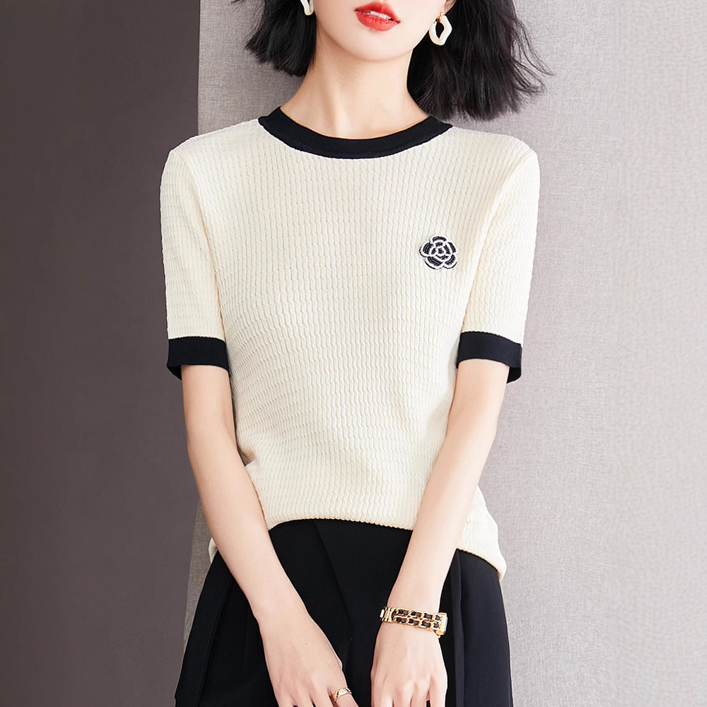 2026 New Designer Women's Luxury Brand Knitted T-shirt High Neck Thin Ice Silk Breathable Fashion Leisure Versatile Outdoor Sports Short Sleeve W