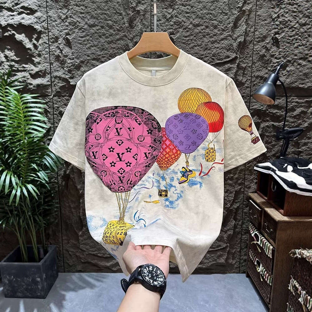 Men's Summer Crew Neck T Shirt Washed Tie Dye With Colorful Hot Air Balloon Monogram Print Short Sleeve Casual Streetwear Top For Daily Wear And 