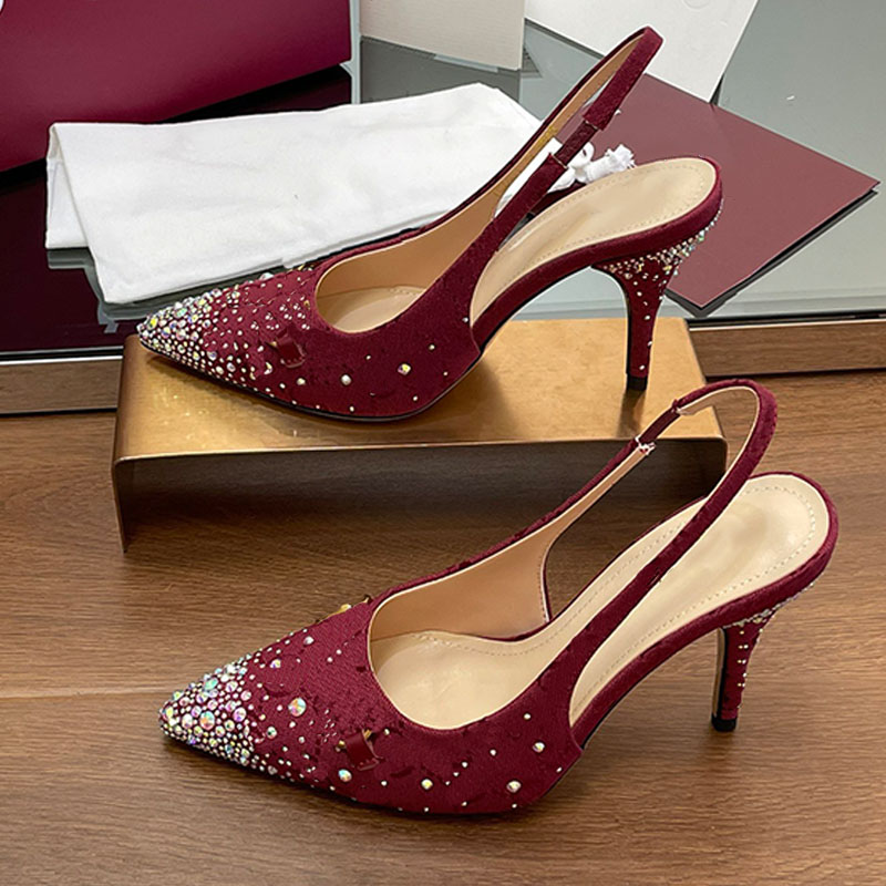 Womens crystal slingback pumps luxury multi dimensional crystals Elegant lady dinner party High Heels red canvas Pointed toe crystal wedding Stiletto Heel