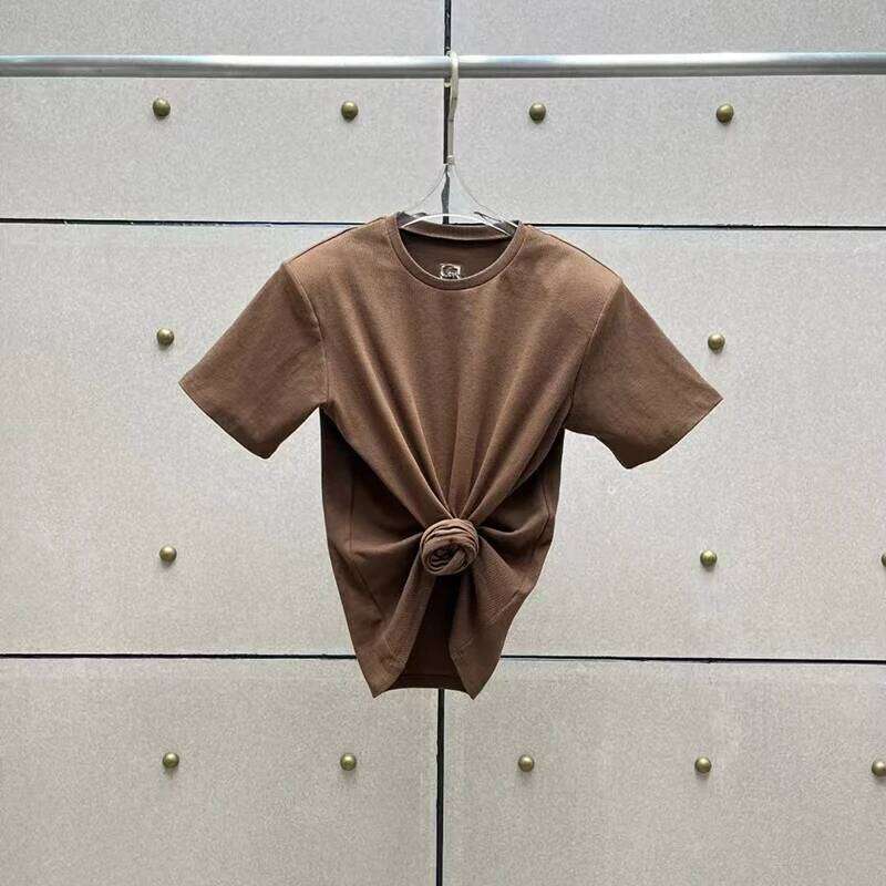 Women's Knotted Button Flowers Threaded T-Shirt, Shoulder Padded Short Sleeve Crew Neck Top, High Quality Cotton, 2025, New, y2k 26W0422