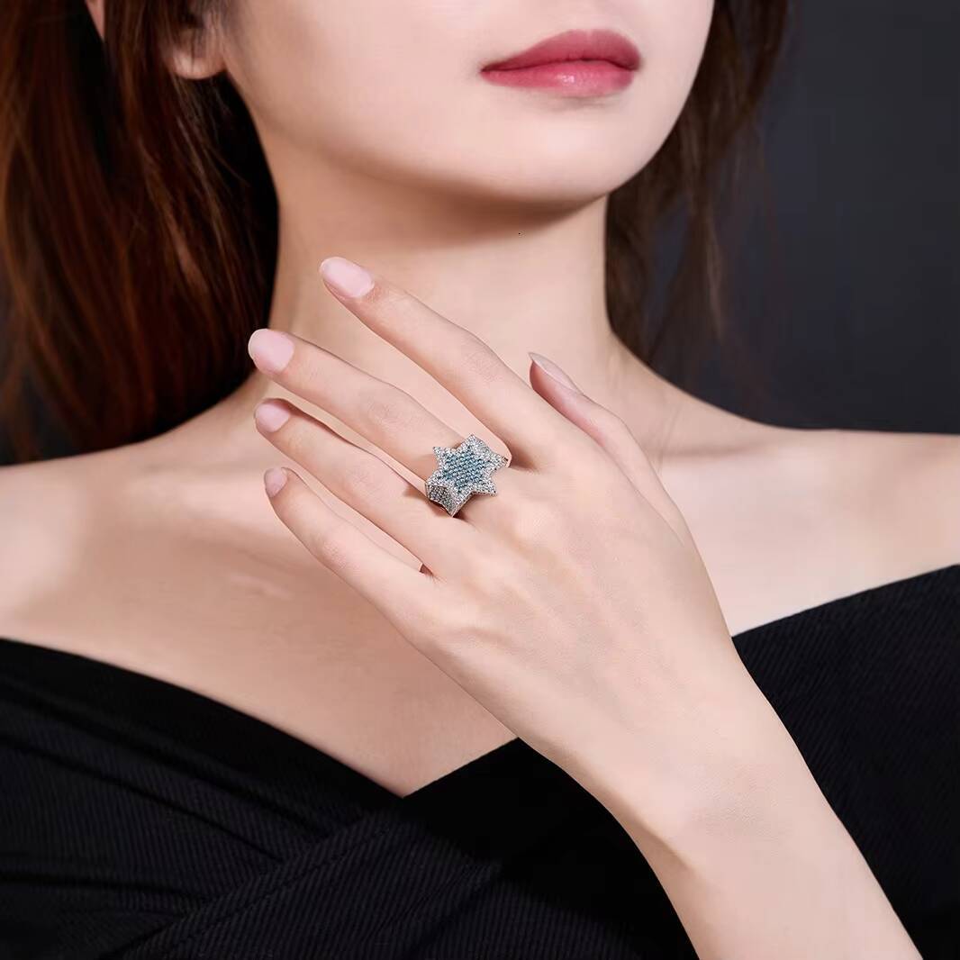 European American Style 18K Gold Plated Moissanite Six-Pointed Star Ring Womens Hip Hop Daily Wear Ring for Men