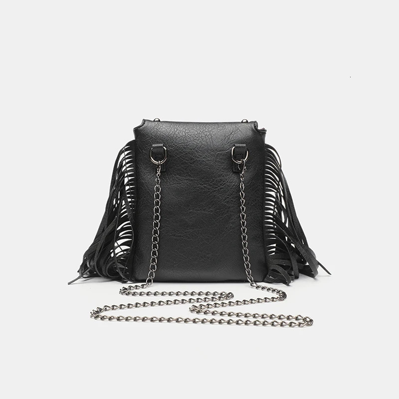 Dark punk style chain tassel shoulder bag with unique skull buckle decoration PU leather rivet phone bag 260422