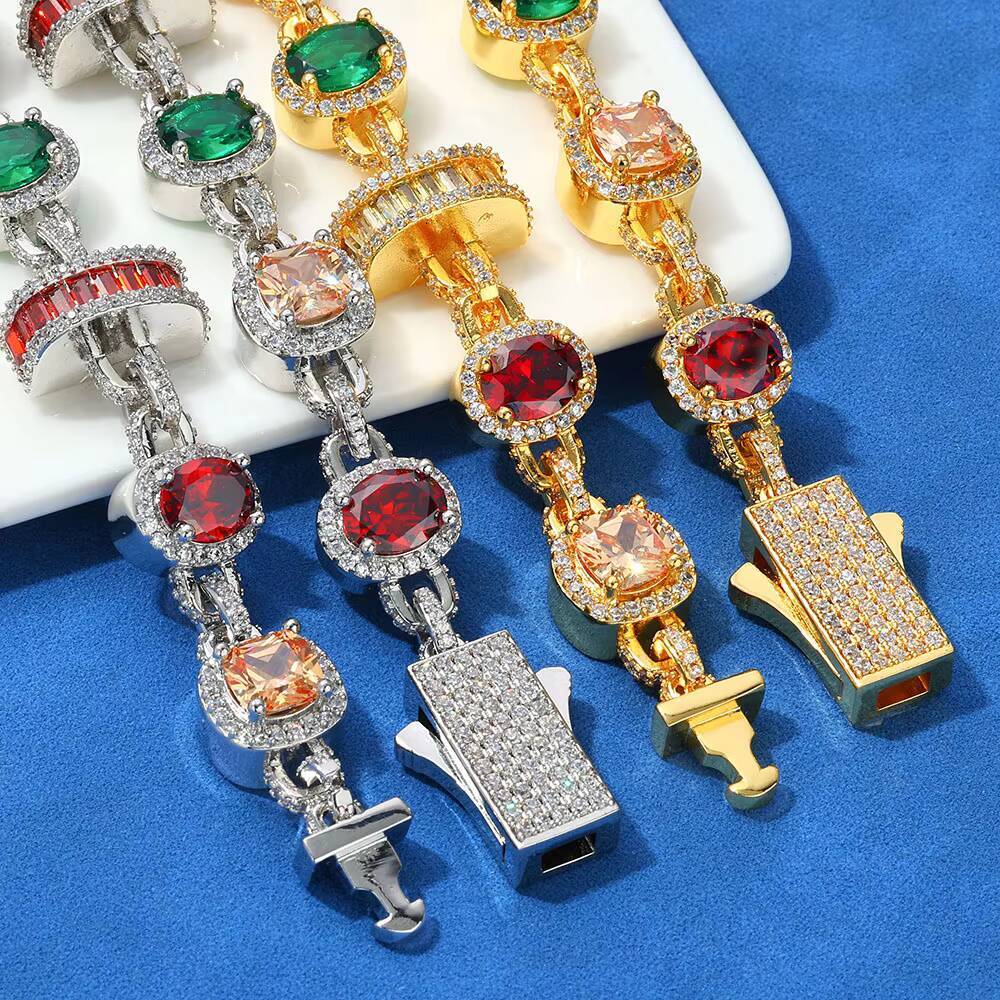 NUOYA 15mm New Arrival Hip Hop Bracelet 925 Silver Platinum Geometric Chain Colorful VVS Moissanite Jewelry