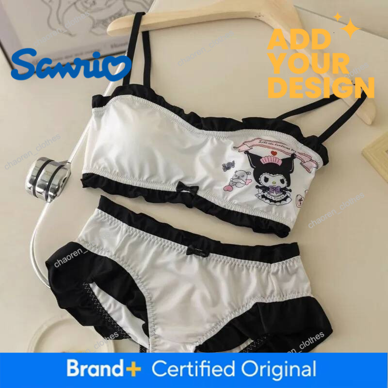 Kawai Sanrio Cartoon Kuromicinnamoroll Cute Lingerie Underwear Without Steel Rings Small Breast Gathering Bra Set Thin Style Luxury Goods