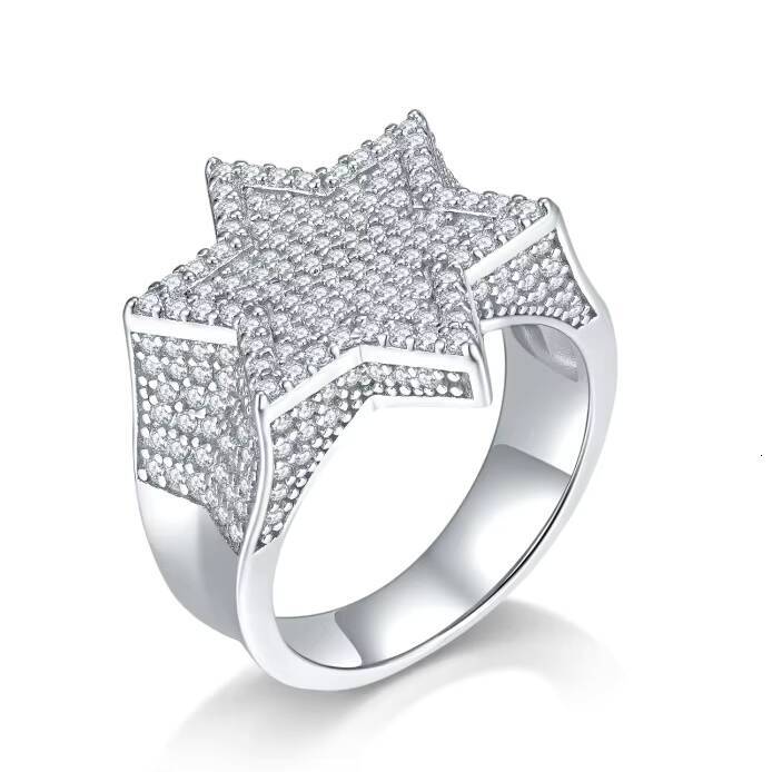 European American Style 18K Gold Plated Moissanite Six-Pointed Star Ring Womens Hip Hop Daily Wear Ring for Men