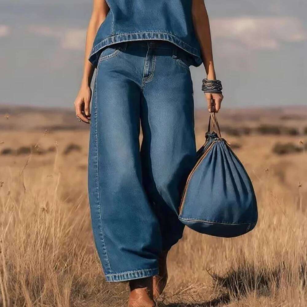Women's Vintage Western Denim Vest Top Two Piece Set Solid Crew Neck Sleeveless Loose T-Shirt With Wide Leg Pants Y2k Sets WONST